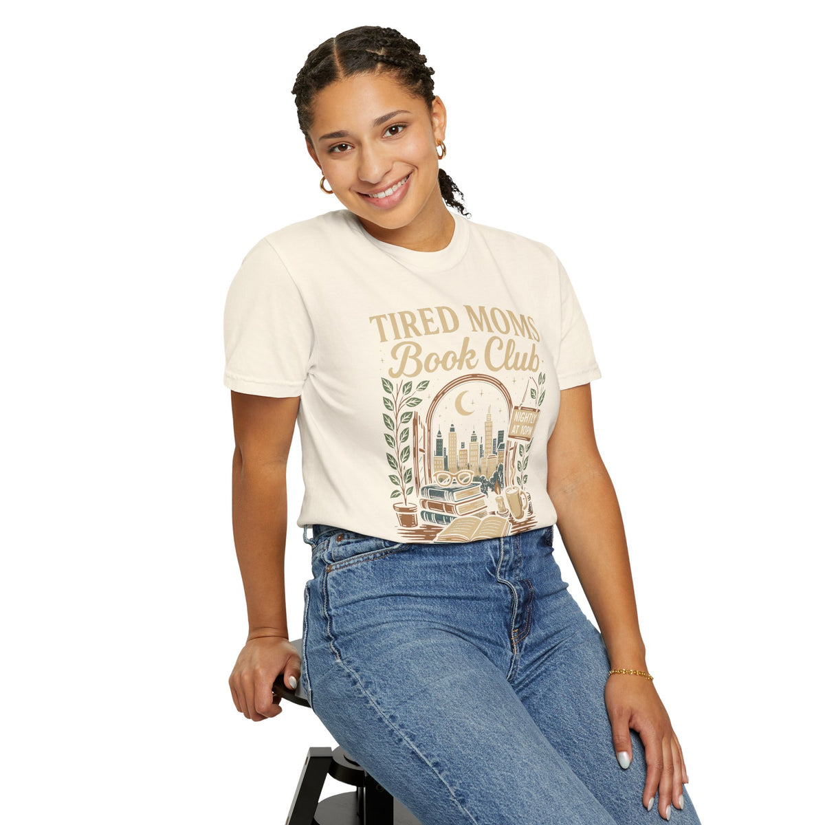 Tired Moms Book Club Running on Coffee and Chapters - Comfort Colors | Trendy Women's T-Shirt. Direct to Garment. Printed & Shipped in the USA. Unisex Sizes.