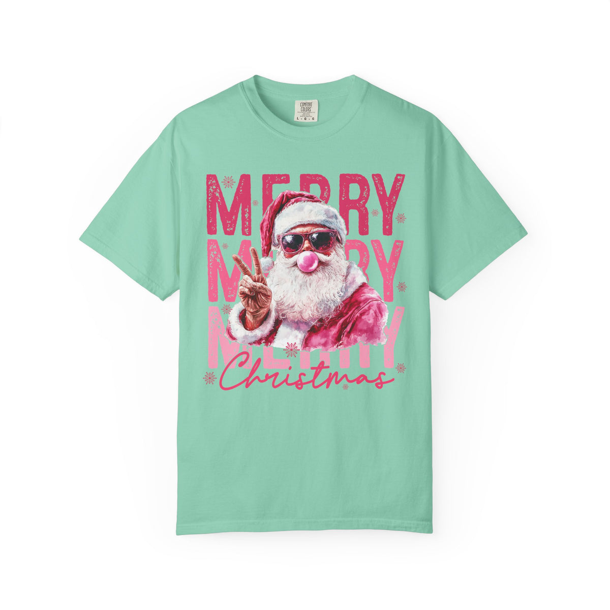 Pink Merry Christmas Bubblegum Santa - Comfort Colors | Trendy Women's T-Shirt. Direct to Garment. Printed & Shipped in the USA. Unisex Sizes.