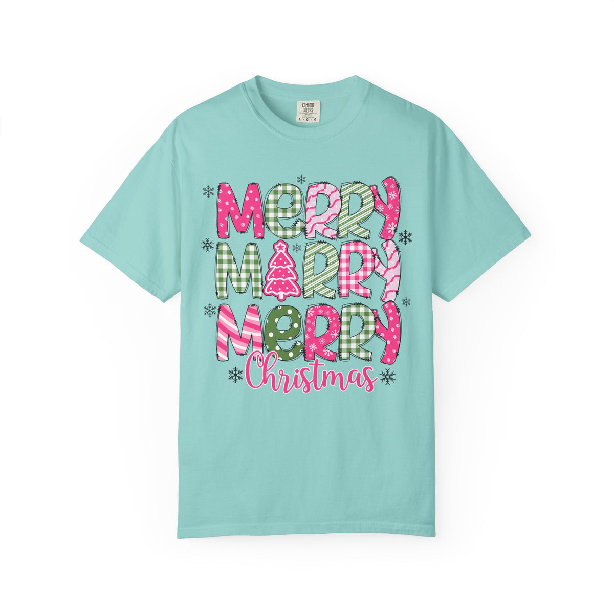 Merry Merry Merry Christmas, Festive Candy Cane & Pink and Green Plaid - Comfort Colors | Trendy Women's T-Shirt. Direct to Garment. Printed & Shipped in the USA. Unisex Sizes.