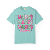 Merry Merry Merry Christmas, Festive Candy Cane & Pink and Green Plaid - Comfort Colors | Trendy Women's T-Shirt. Direct to Garment. Printed & Shipped in the USA. Unisex Sizes.