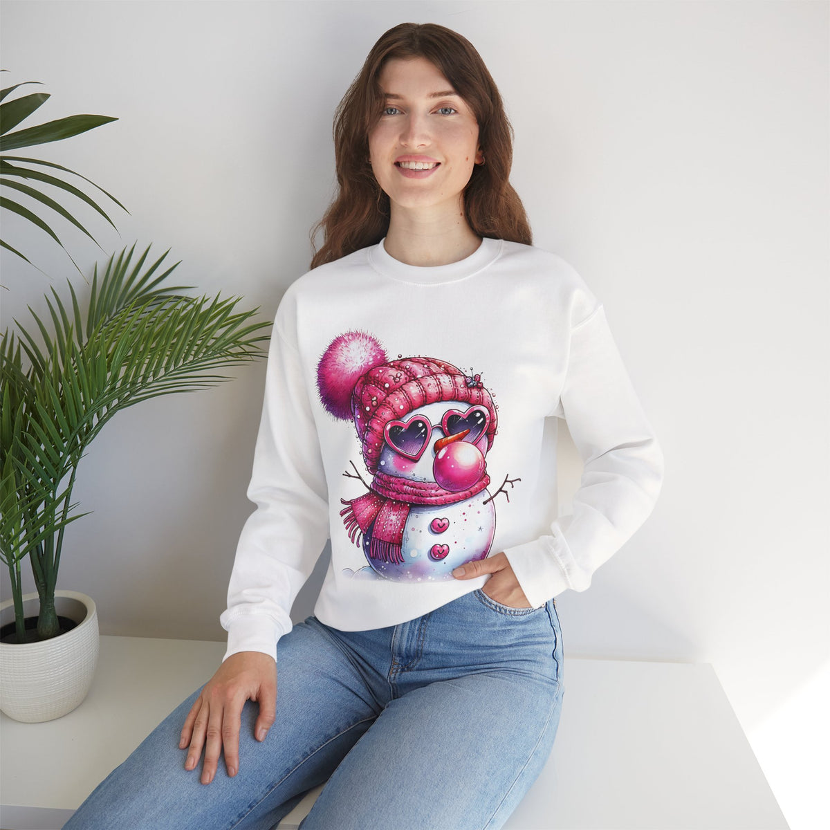 Pink Girly Snowman with Heart Sunglasses and Bubblegum - Winter – Gildan Heavy Blend | Trendy Women’s Soft Sweatshirt. Direct to Garment. Printed & Shipped in the USA. Unisex Sizes.