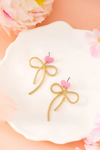 Lightweight Textured Trendy Bow Earrings with Waffled Pink Heart - Yellow Gold Plated