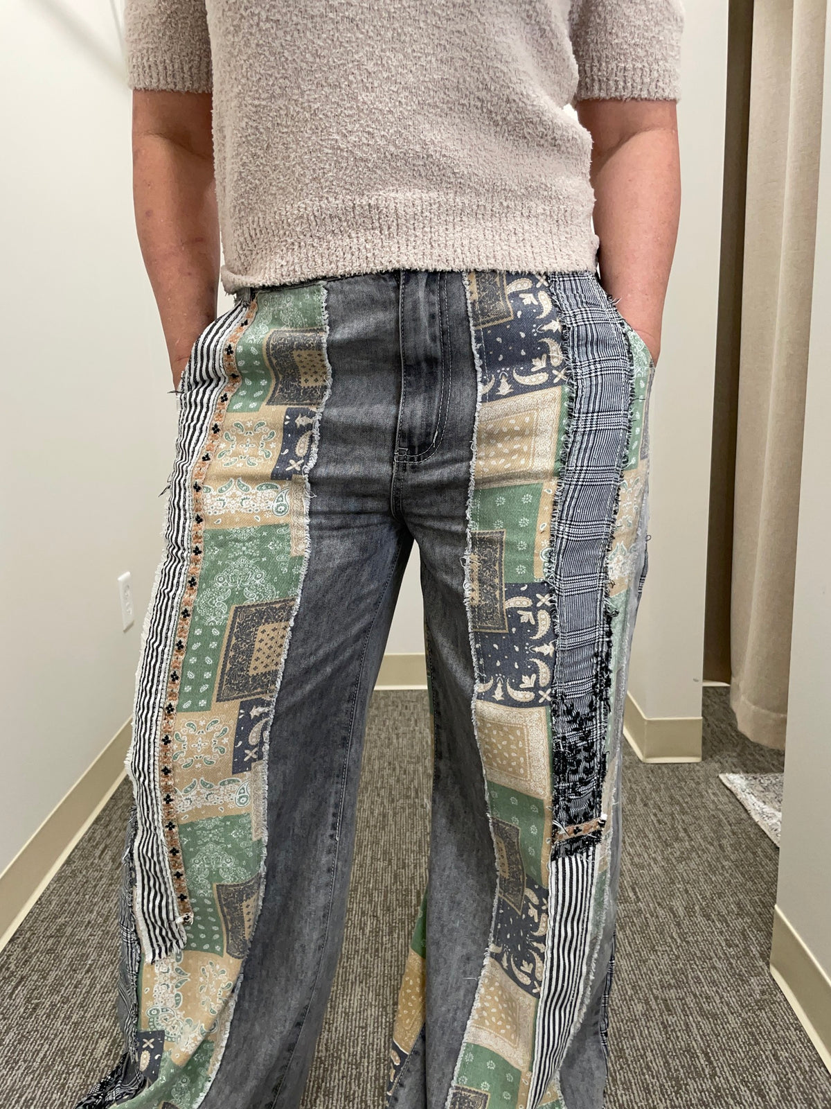 Moody Scape Denim & Linen Patchwork Pants