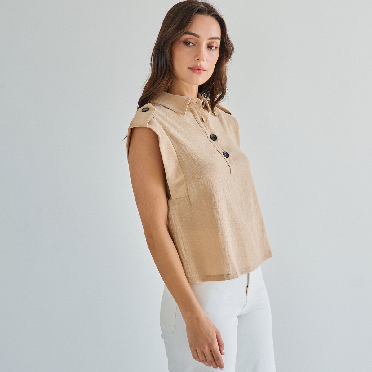 Sleeveless Button 100% Cotton Beige Top w/Extra Side Bra Coverage