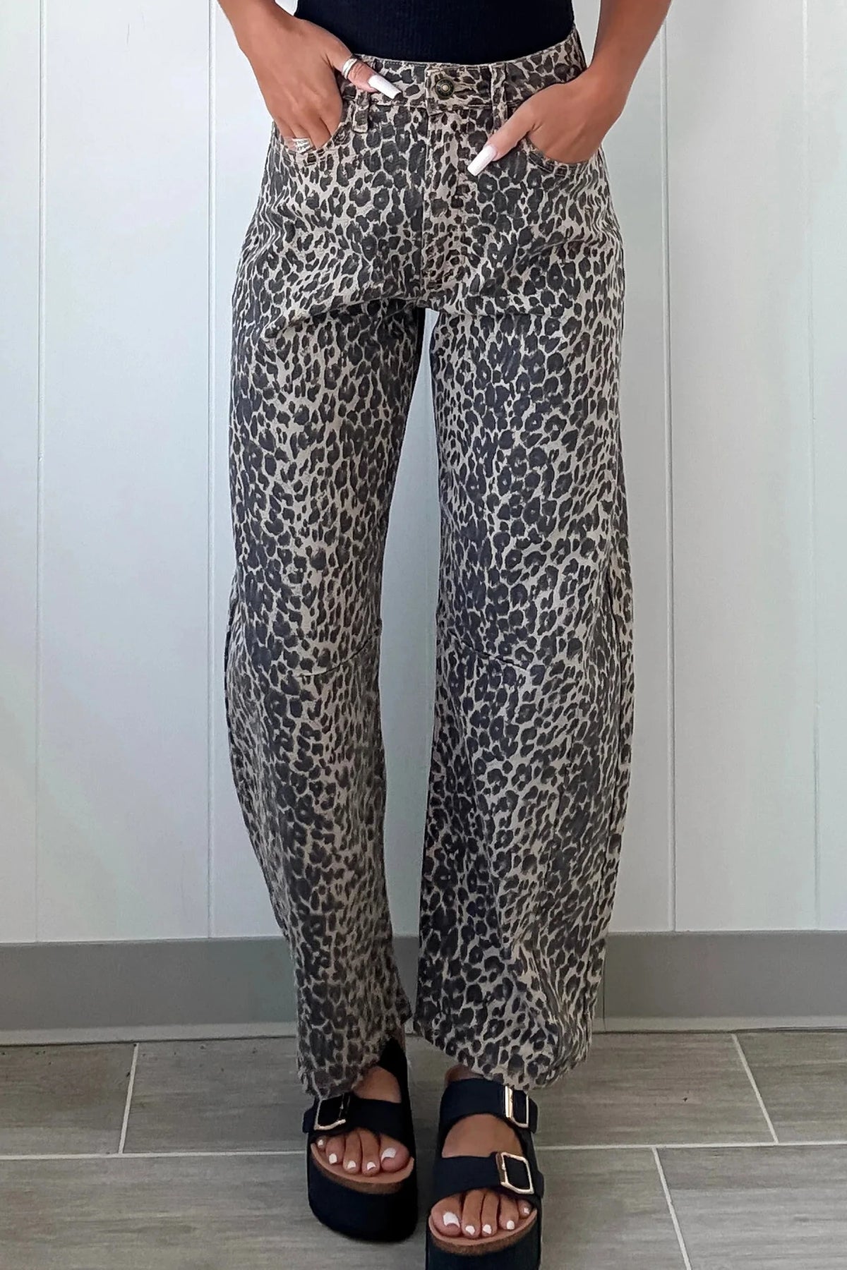 High-Rise Black Leopard Print Barrel Jeans