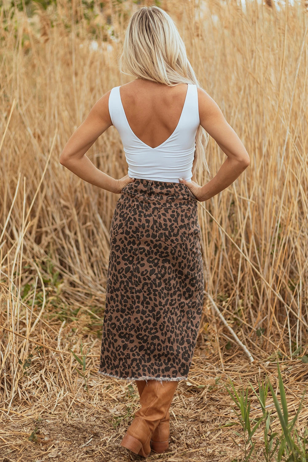 Brown Leopard Frayed-Bottom Denim Skirt with Slit