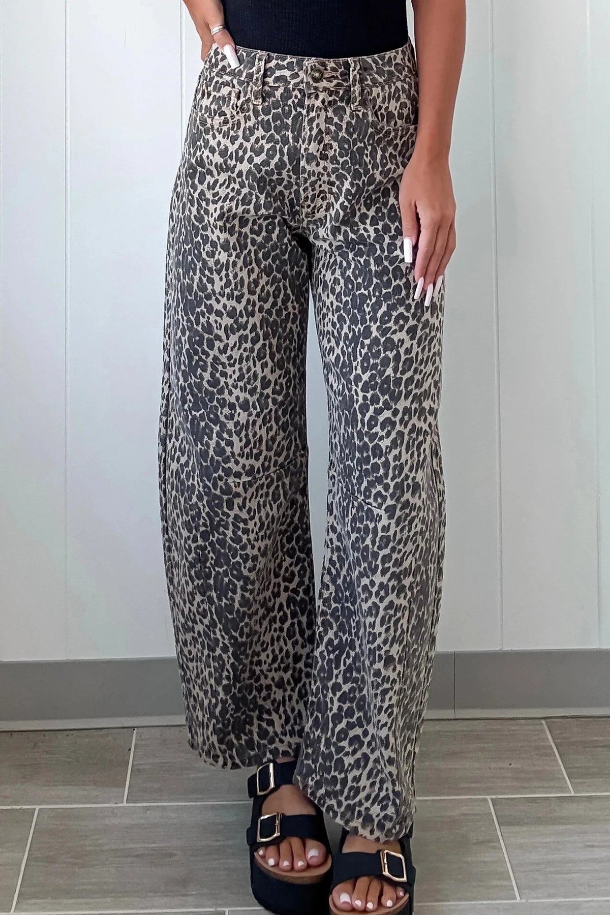 High-Rise Black Leopard Print Barrel Jeans