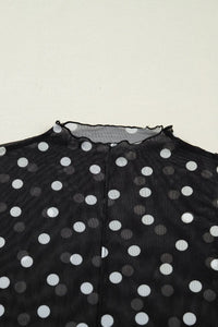All-Over Black/White Polka Dot Mock Neck Mesh Long Sleeve Top