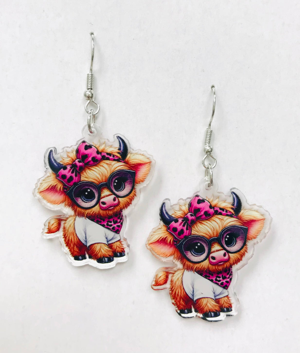 Girly Highland Cow with Pink Bow - Acrylic Earrings
