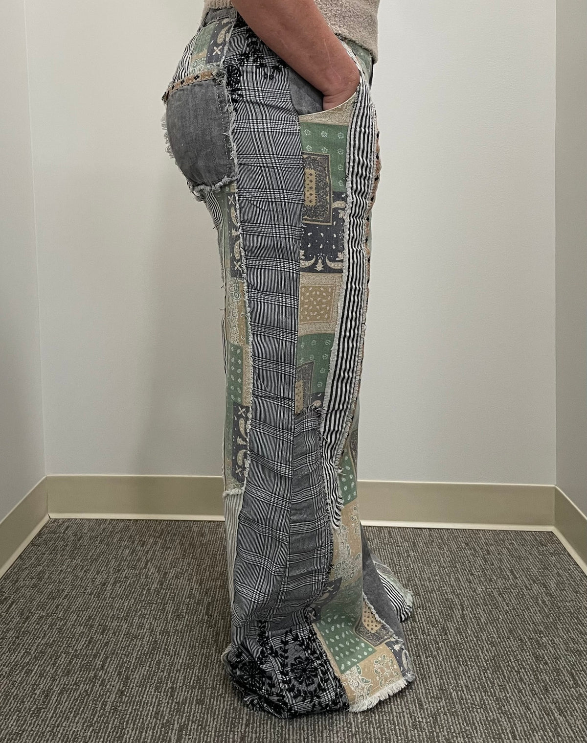 Moody Scape Denim & Linen Patchwork Pants