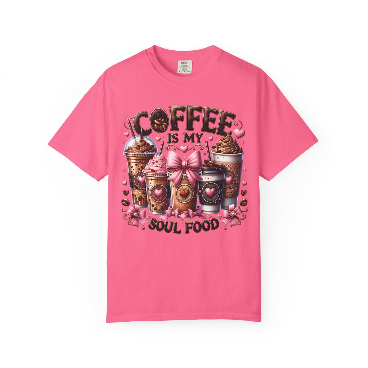 Coffee Is My Soul Food, Iced Coffee, Pink Bow - Comfort Colors | Trendy Women's T-Shirt. Direct to Garment. Printed & Shipped in the USA. Unisex Sizes.