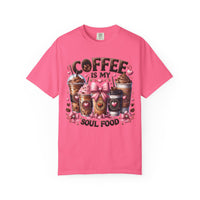 Coffee Is My Soul Food, Iced Coffee, Pink Bow - Comfort Colors | Trendy Women's T-Shirt. Direct to Garment. Printed & Shipped in the USA. Unisex Sizes.