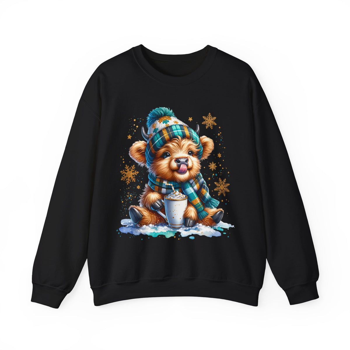 Winter Baby Highland Cow with Cocoa – Gildan Heavy Blend | Trendy Women’s Soft Sweatshirt. Direct to Garment. Printed & Shipped in the USA. Unisex Sizes.