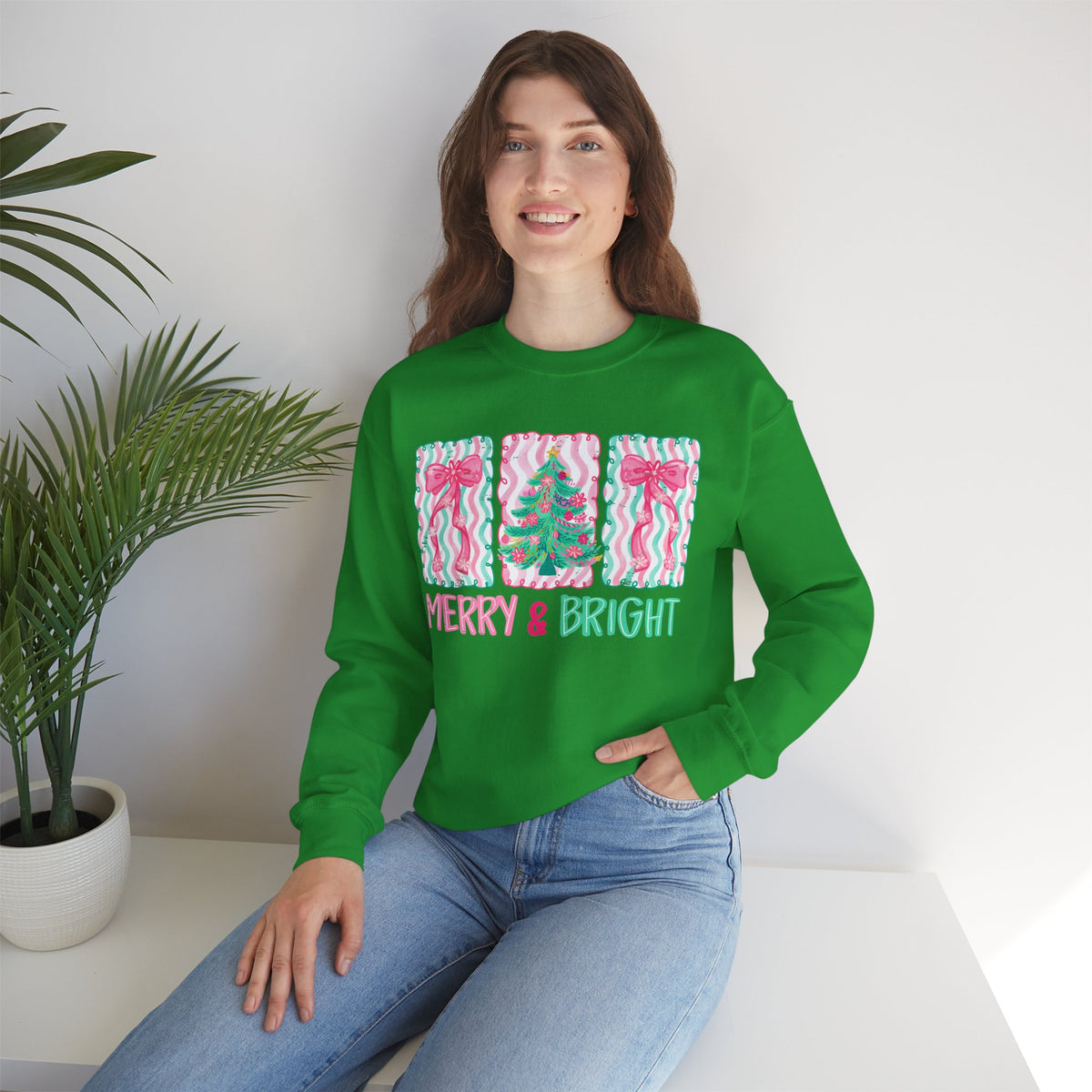 Merry & Bright Christmas - Pink & Green Holiday Tree Design – Gildan Heavy Blend | Trendy Women’s Soft Sweatshirt. Direct to Garment. Printed & Shipped in the USA. Unisex Sizes.