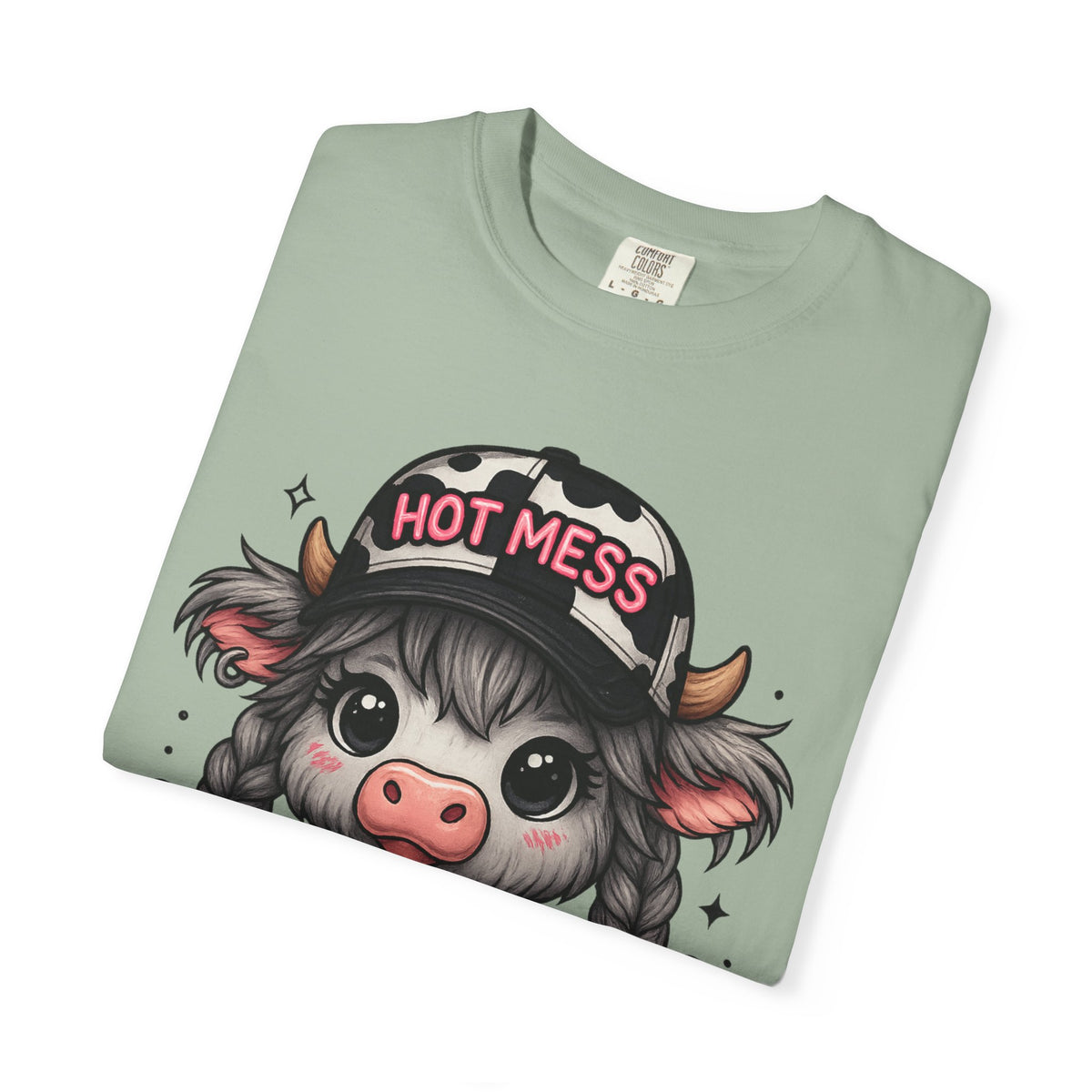 Cute Highland Cow 'Hot Mess' In Braids  - Comfort Colors | Trendy Women's T-Shirt. Direct to Garment. Printed & Shipped in the USA. Unisex Sizes.