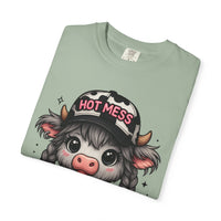 Cute Highland Cow 'Hot Mess' In Braids  - Comfort Colors | Trendy Women's T-Shirt. Direct to Garment. Printed & Shipped in the USA. Unisex Sizes.