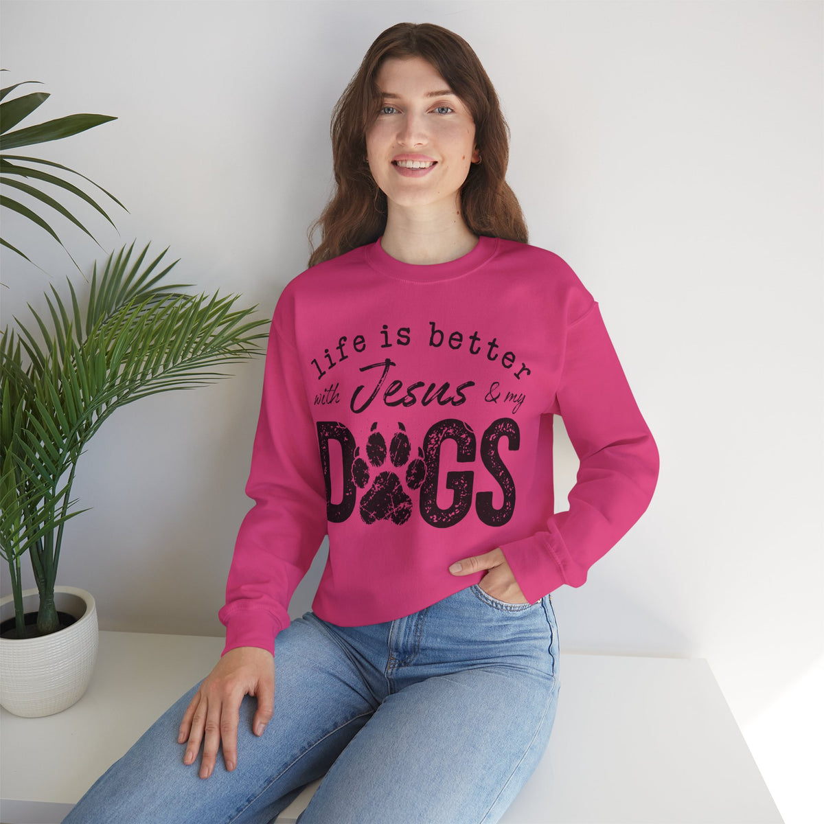 Life is Better With Jesus and My Dogs – Gildan Heavy Blend | Trendy Women’s and Men's Soft Sweatshirt. Direct to Garment. Printed & Shipped in the USA. Unisex Sizes.