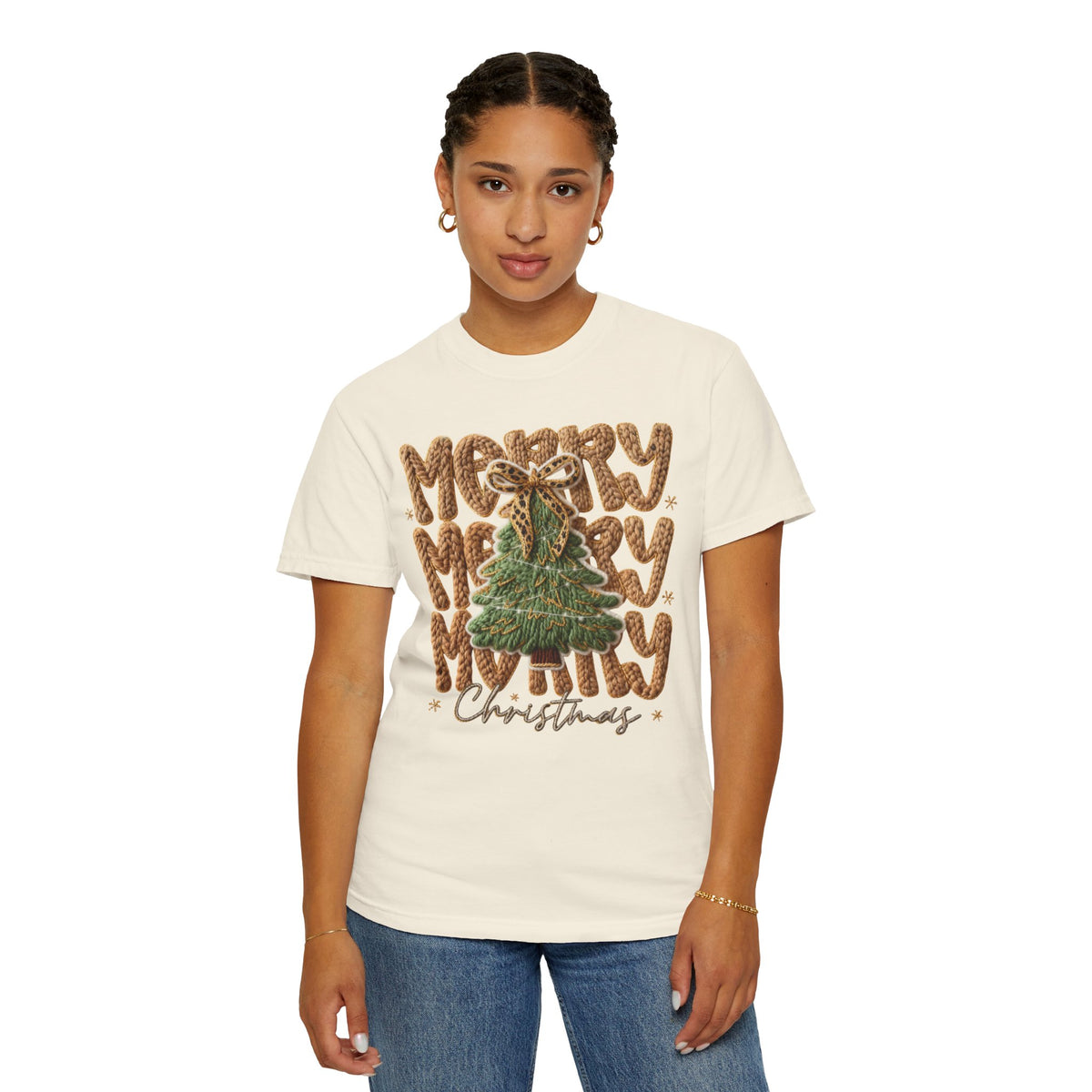 Merry Merry Merry Christmas, Faux Latch Hook Yarn - Comfort Colors | Trendy Women's T-Shirt. Direct to Garment. Printed & Shipped in the USA. Unisex Sizes.