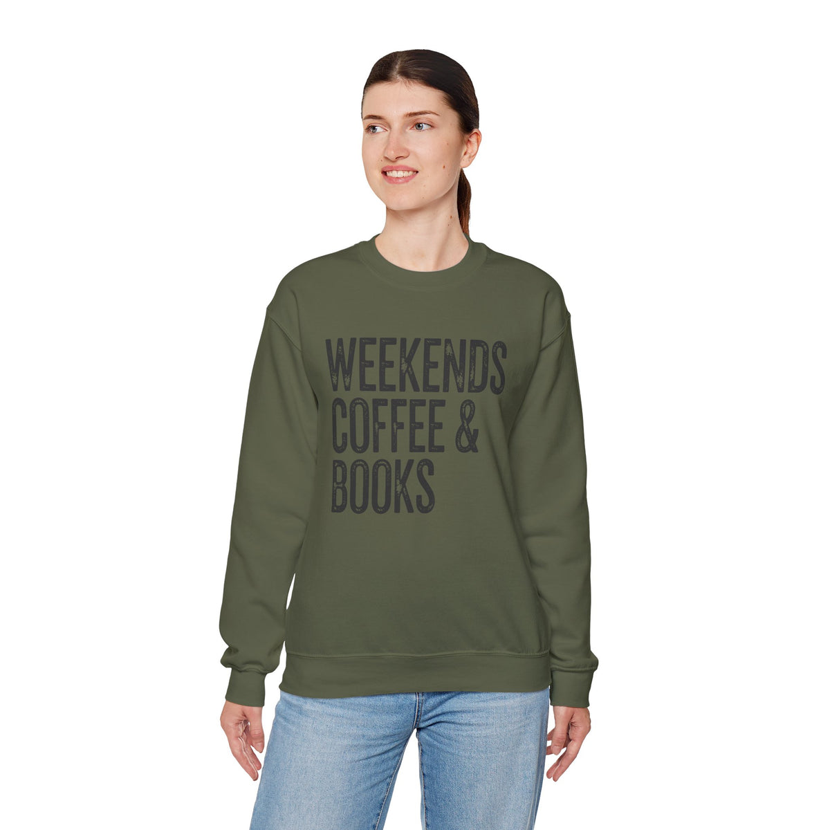 Weekends, Coffee & Books – Gildan Heavy Blend | Trendy Women’s and Men's Soft Sweatshirt. Direct to Garment. Printed & Shipped in the USA. Unisex Sizes.