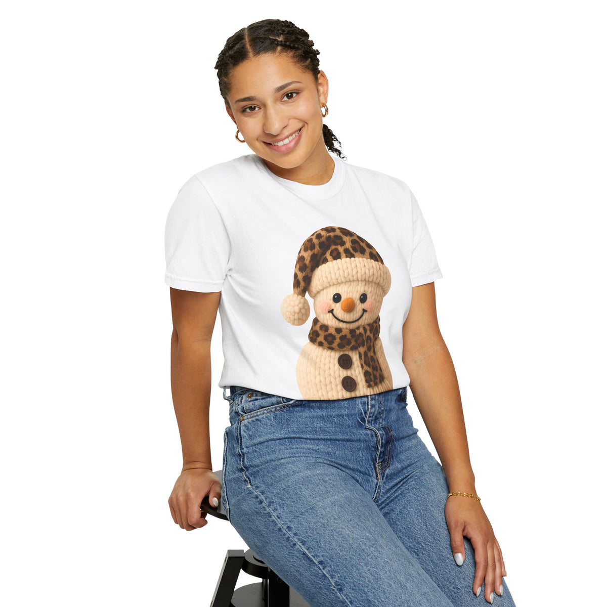 Cute Leopard Faux Knit Snowman Winter - Comfort Colors | Trendy Women's T-Shirt. Direct to Garment. Printed & Shipped in the USA. Unisex Sizes.
