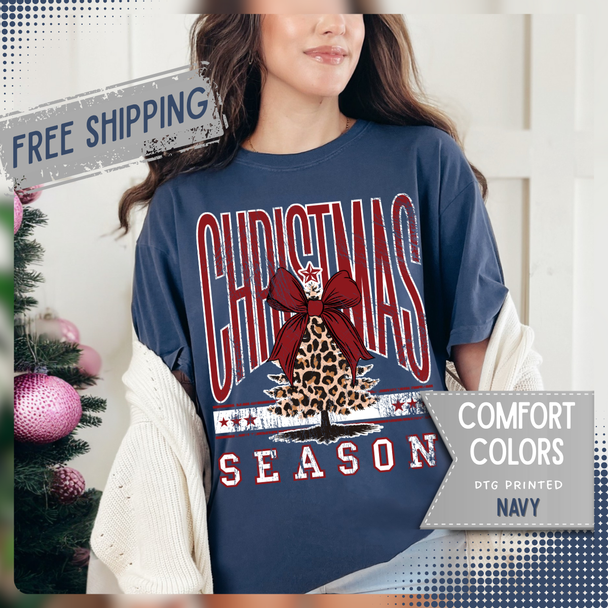 Christmas Season Leopard Tree  - Comfort Colors | Trendy Women's T-Shirt. Direct to Garment. Printed & Shipped in the USA. Unisex Sizes.
