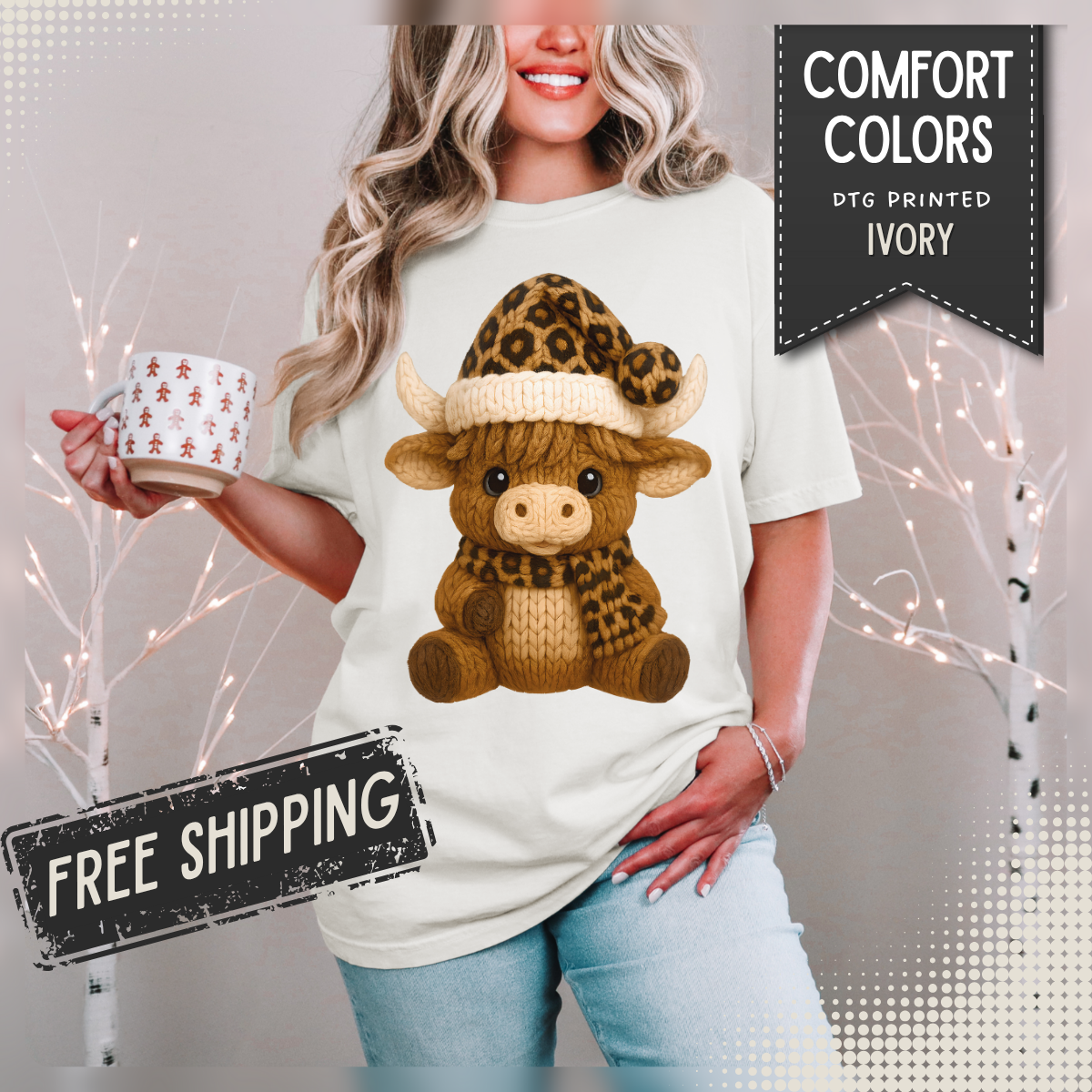 Cute Highland Cow with Leopard Santa Hat Christmas - Comfort Colors | Trendy Women's T-Shirt. Direct to Garment. Printed & Shipped in the USA. Unisex Sizes.