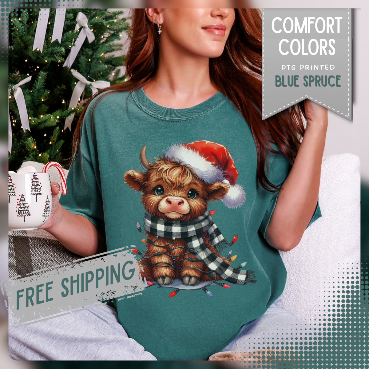 Cute Highland Cow Santa Hat Scarf Christmas Lights - Comfort Colors | Trendy Unisex T-Shirt. Direct to Garment. Printed & Shipped in the USA. Unisex Sizes.