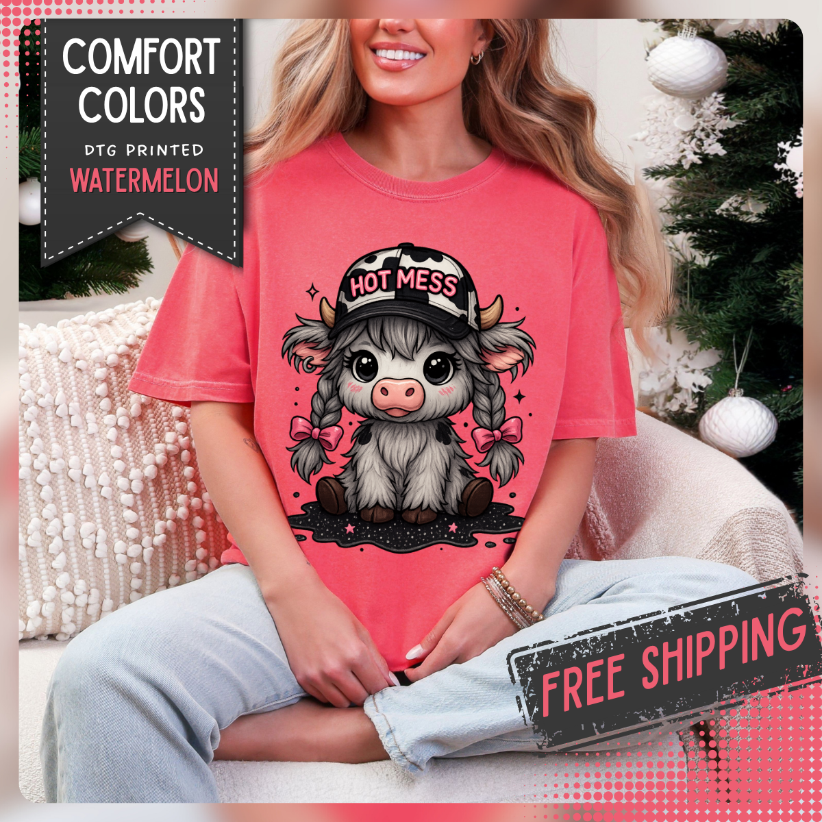 Cute Highland Cow 'Hot Mess' In Braids  - Comfort Colors | Trendy Women's T-Shirt. Direct to Garment. Printed & Shipped in the USA. Unisex Sizes.