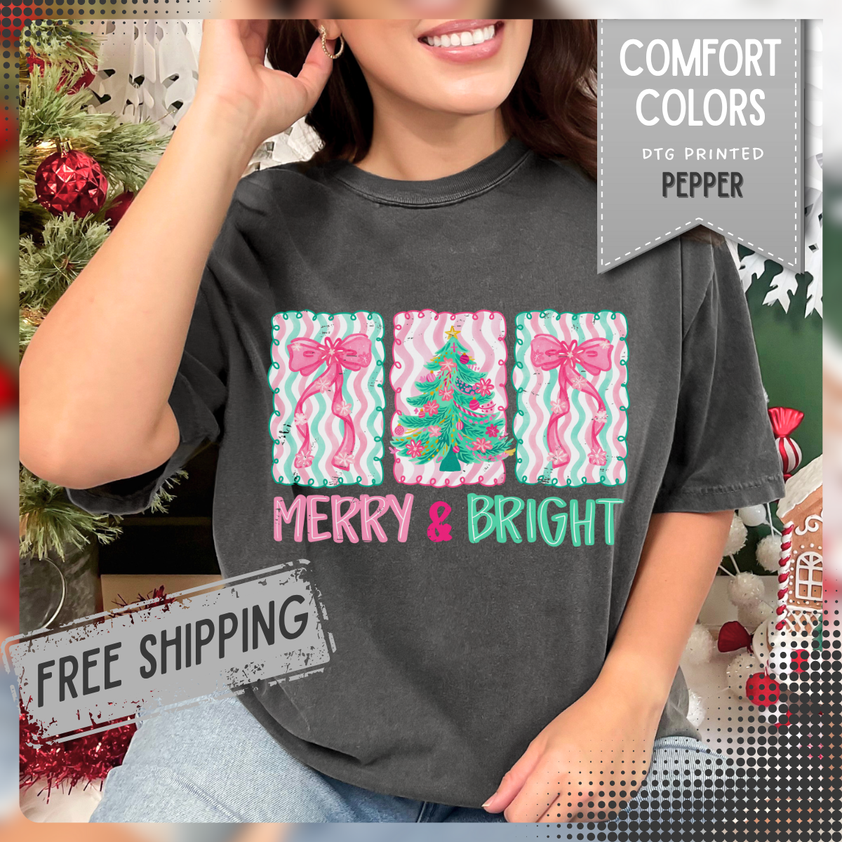 Merry & Bright Christmas — Pink & Green Holiday Tree Design - Comfort Colors | Trendy Women's T-Shirt. Direct to Garment. Printed & Shipped in the USA. Unisex Sizes.