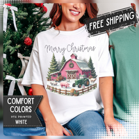 Merry Christmas Pink Barn Farm Animals - Comfort Colors | Trendy Women's T-Shirt. Direct to Garment. Printed & Shipped in the USA. Unisex Sizes.