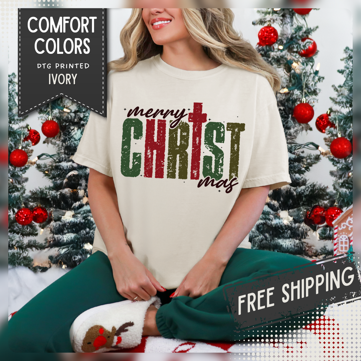 Distressed Merry ChrisTmas Faith - Comfort Colors | Trendy Men's and Women's T-Shirt. Direct to Garment. Printed & Shipped in the USA. Unisex Sizes.