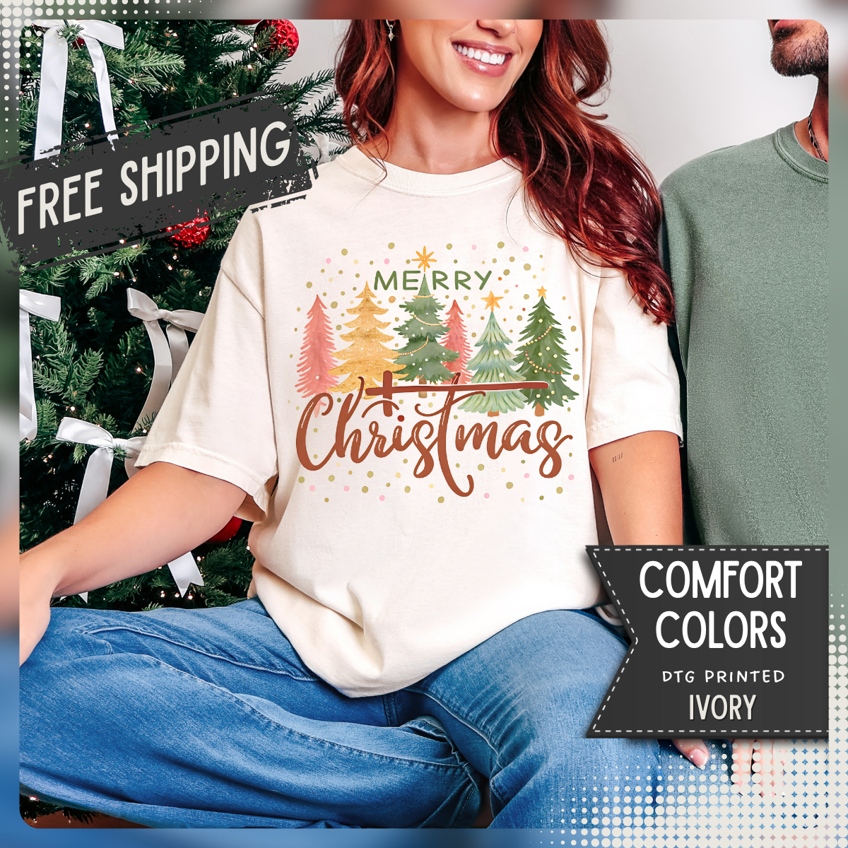 Merry ChrisTmas - Christian Faith - Comfort Colors | Trendy Women's T-Shirt. Direct to Garment. Printed & Shipped in the USA. Unisex Sizes.