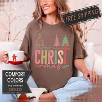 Merry ChrisTmas Christian Faith Graphic - Comfort Colors | Trendy Women's T-Shirt. Direct to Garment. Printed & Shipped in the USA. Unisex Sizes.