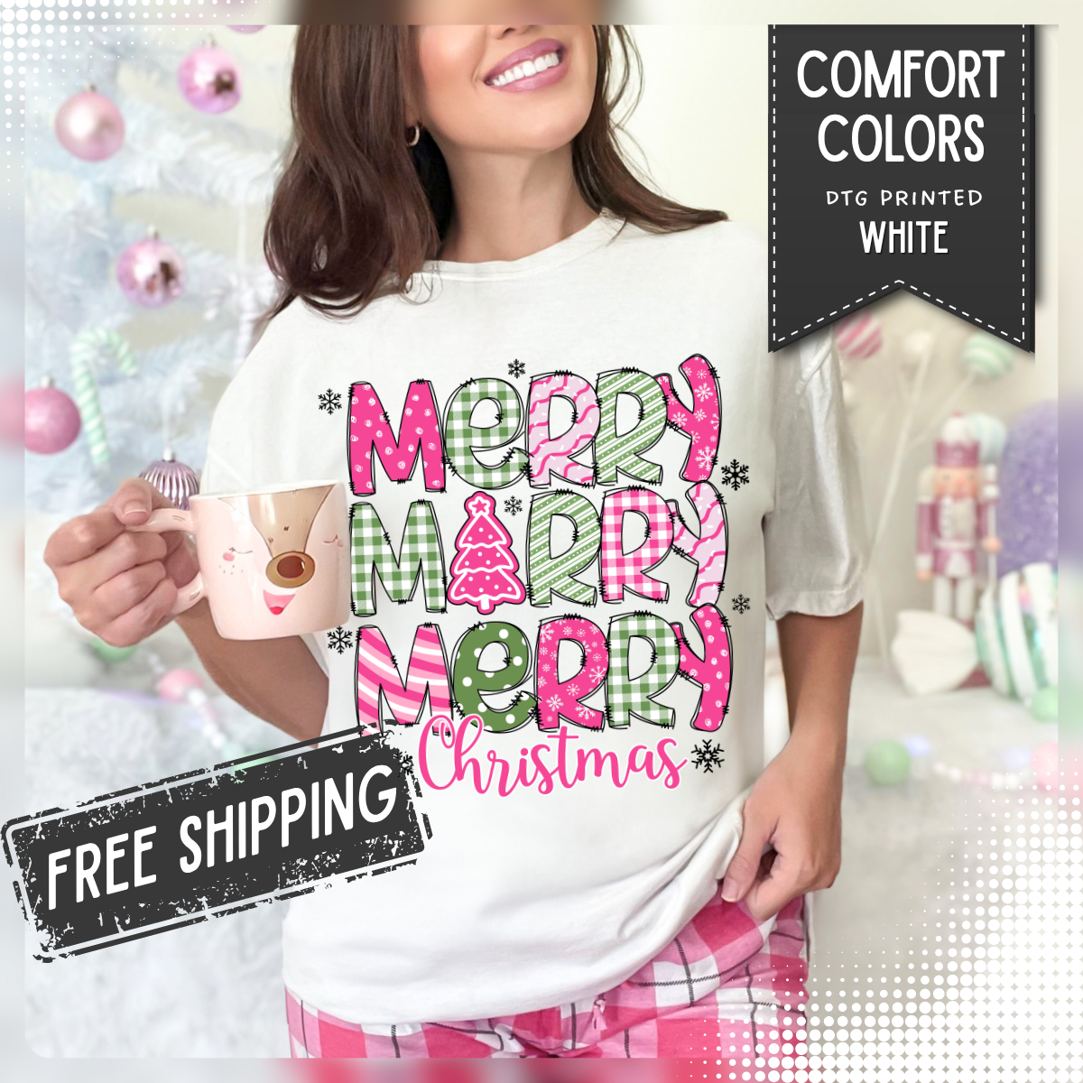 Merry Merry Merry Christmas, Festive Candy Cane & Pink and Green Plaid - Comfort Colors | Trendy Women's T-Shirt. Direct to Garment. Printed & Shipped in the USA. Unisex Sizes.