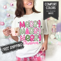 Merry Merry Merry Christmas, Festive Candy Cane & Pink and Green Plaid - Comfort Colors | Trendy Women's T-Shirt. Direct to Garment. Printed & Shipped in the USA. Unisex Sizes.