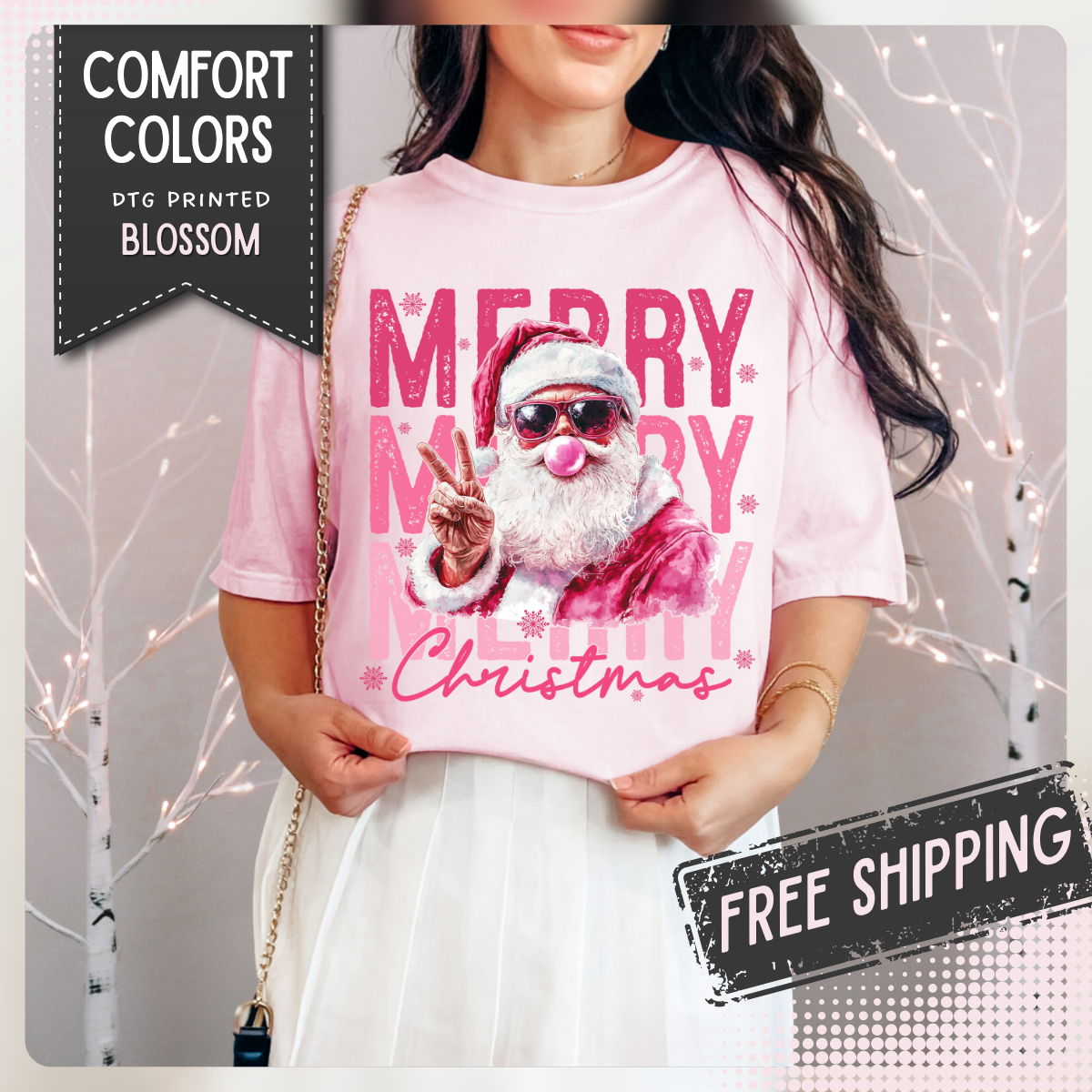Pink Merry Christmas Bubblegum Santa - Comfort Colors | Trendy Women's T-Shirt. Direct to Garment. Printed & Shipped in the USA. Unisex Sizes.
