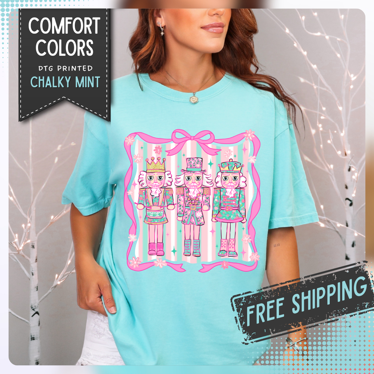 Coquette Pastel Christmas Nutcracker Trio Pink and Green - Comfort Colors | Trendy Women's T-Shirt. Direct to Garment. Printed & Shipped in the USA. Unisex Sizes.