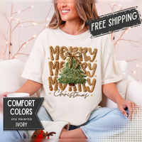 Merry Merry Merry Christmas, Faux Latch Hook Yarn - Comfort Colors | Trendy Women's T-Shirt. Direct to Garment. Printed & Shipped in the USA. Unisex Sizes.