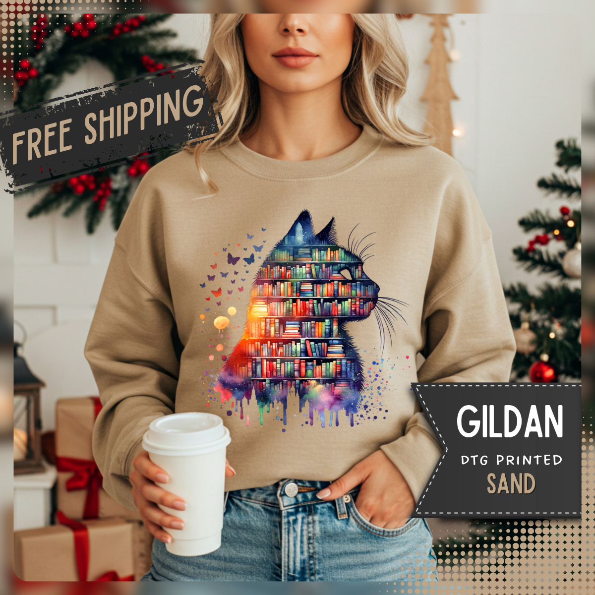 Cat Silhouette for Book Lovers – Gildan Heavy Blend | Trendy Women’s Soft Sweatshirt. Direct to Garment. Printed & Shipped in the USA. Unisex Sizes.