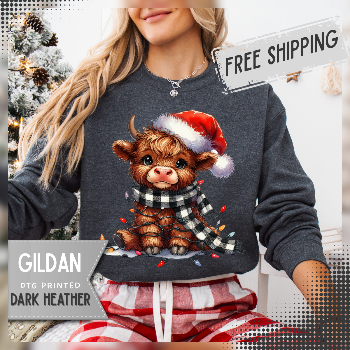 Cute Highland Cow Santa Hat Scarf Christmas Lights – Gildan Heavy Blend | Trendy Women’s Soft Sweatshirt. Direct to Garment. Printed & Shipped in the USA. Unisex Sizes.