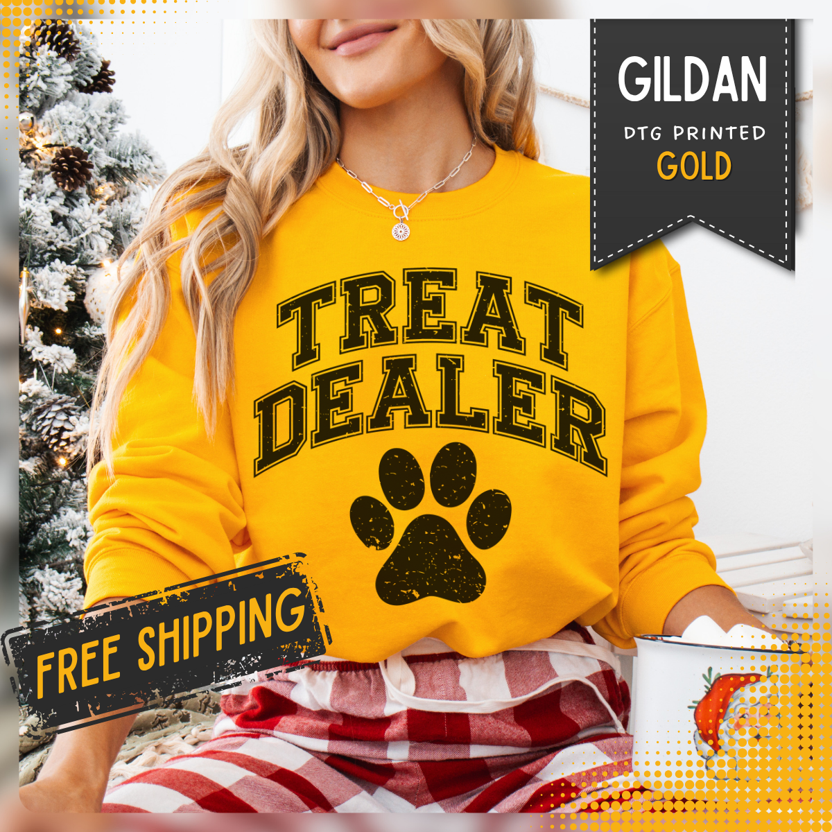 Treat Dealer, Dog Lover – Gildan Heavy Blend | Trendy Men's and Women’s Soft Sweatshirt. Direct to Garment. Printed & Shipped in the USA. Unisex Sizes.