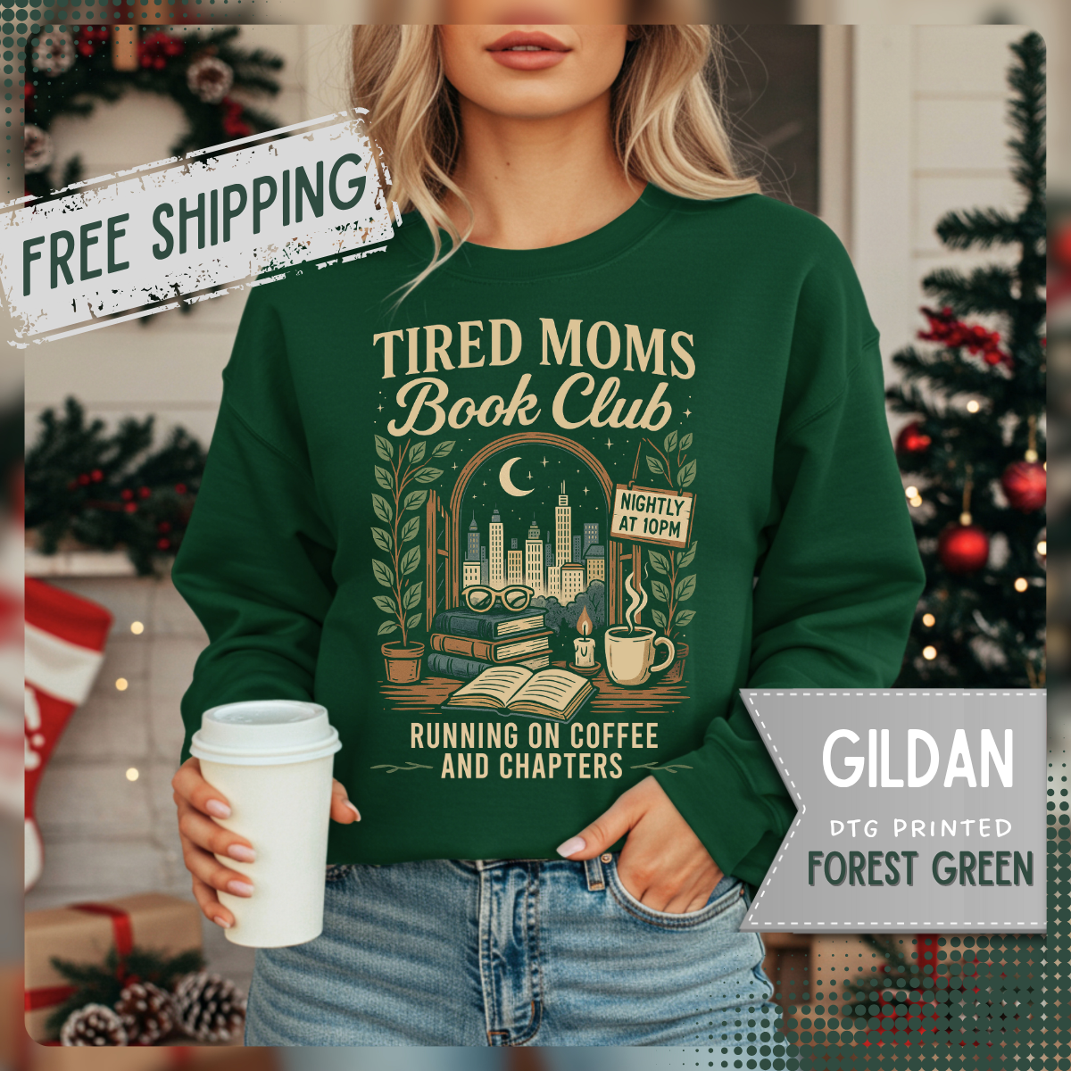 Tired Moms Book Club Running on Coffee and Chapters – Gildan Heavy Blend | Trendy Women’s Soft Sweatshirt. Direct to Garment. Printed & Shipped in the USA. Unisex Sizes.