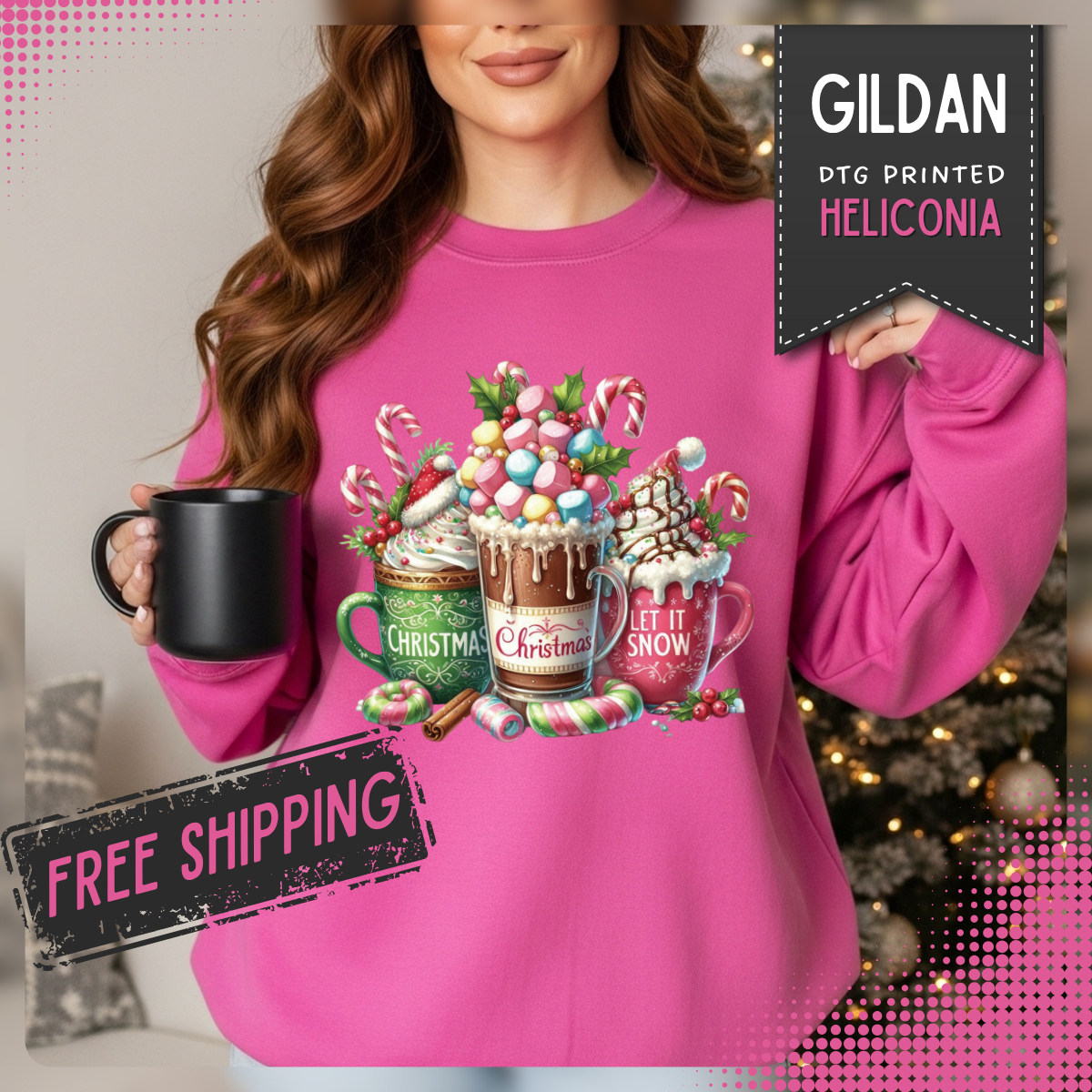 Hot Chocolate Mugs Christmas Hot Cocoa – Gildan Heavy Blend | Trendy Women’s Soft Sweatshirt. Direct to Garment. Printed & Shipped in the USA. Unisex Sizes.