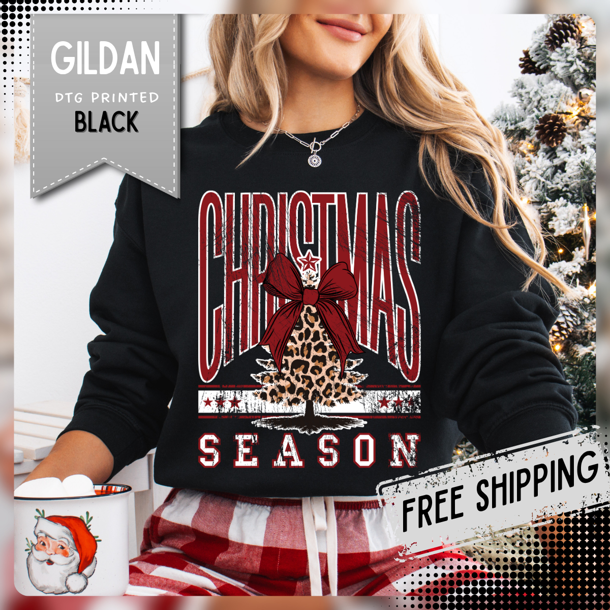 Christmas Season Leopard Tree Distressed – Gildan Heavy Blend | Trendy Women’s Soft Sweatshirt. Direct to Garment. Printed & Shipped in the USA. Unisex Sizes.