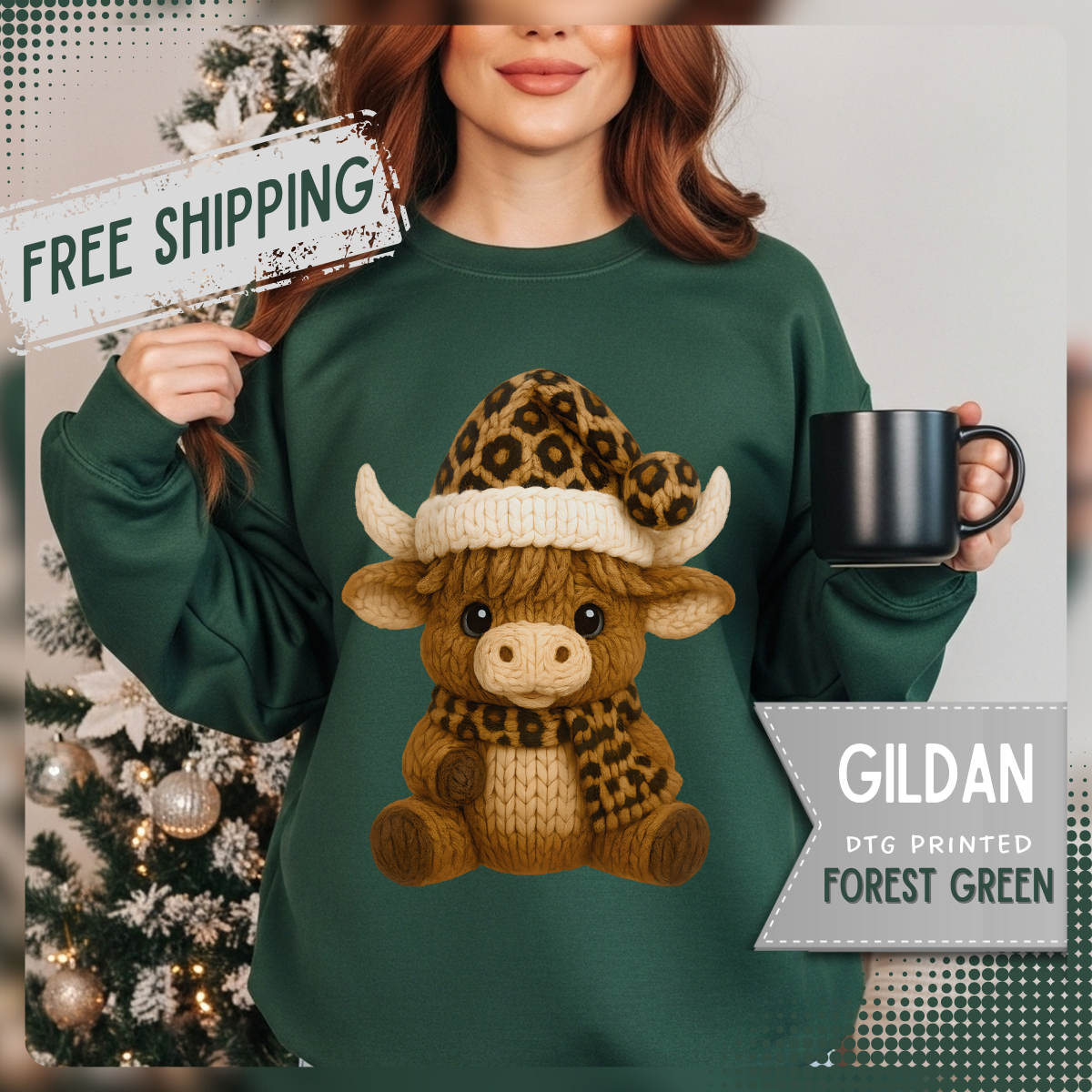 Cute Highland Cow with Leopard Santa Hat Christmas – Gildan Heavy Blend | Trendy Women’s Soft Sweatshirt. Direct to Garment. Printed & Shipped in the USA. Unisex Sizes.