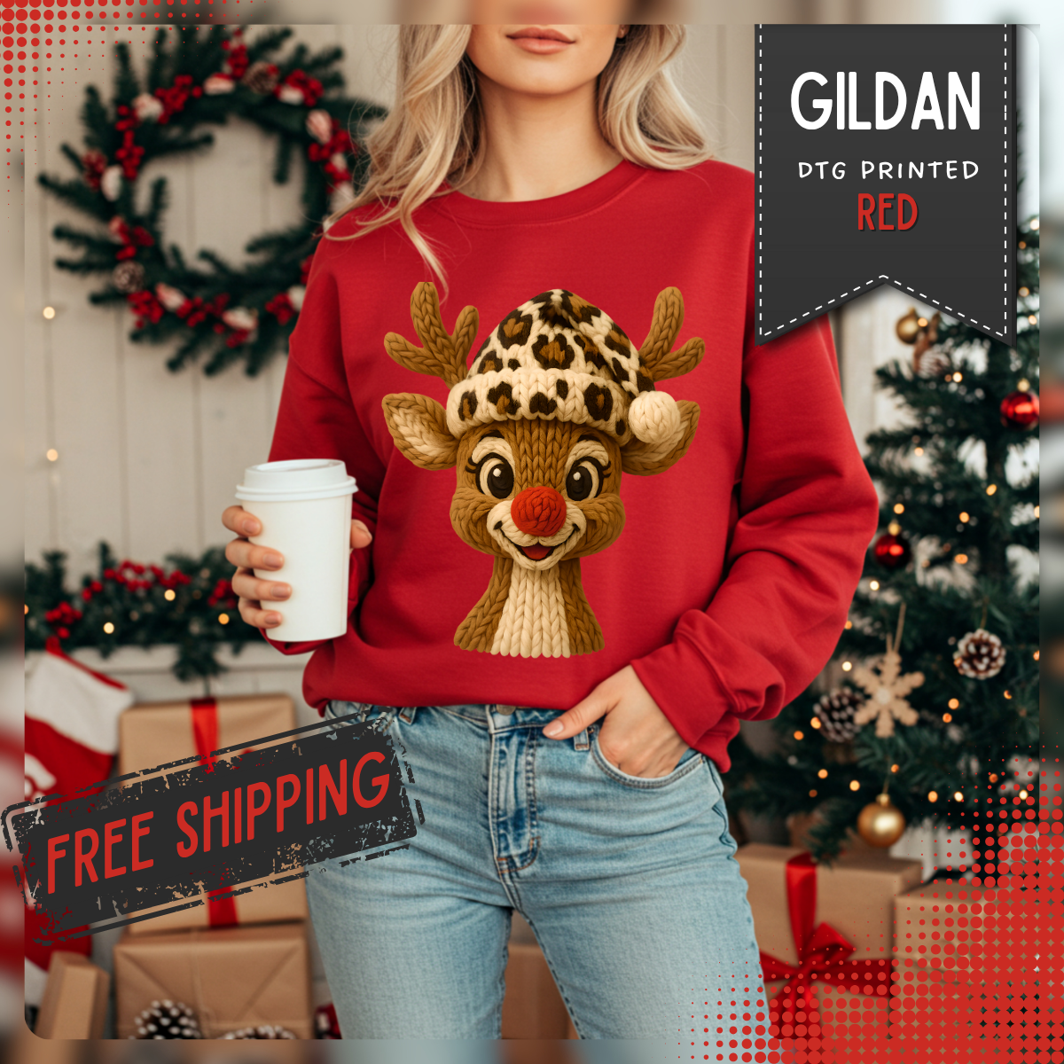 Rudolph Reindeer Leopard Santa Hat Christmas – Gildan Heavy Blend | Trendy Women’s Soft Sweatshirt. Direct to Garment. Printed & Shipped in the USA. Unisex Sizes.