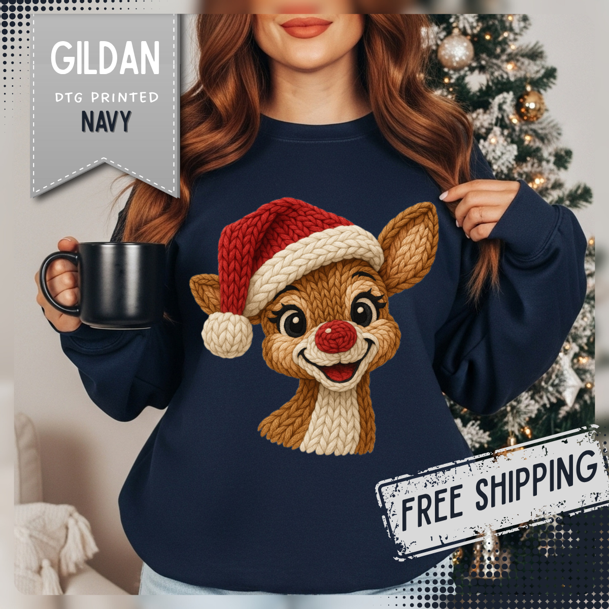 Cute Rudolph Faux Knit Look Reindeer w/Santa Hat – Gildan Heavy Blend | Trendy Women’s Soft Sweatshirt. Direct to Garment. Printed & Shipped in the USA. Unisex Sizes.