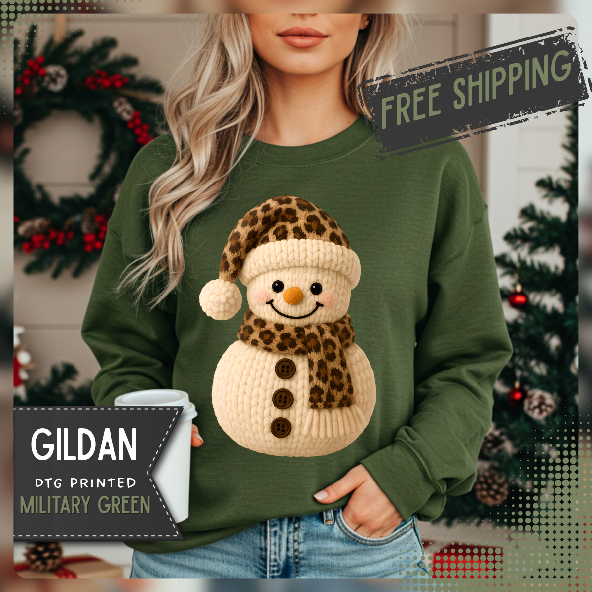 Cute Leopard Faux Knit Snowman Winter – Gildan Heavy Blend | Trendy Women’s Soft Sweatshirt. Direct to Garment. Printed & Shipped in the USA. Unisex Sizes.