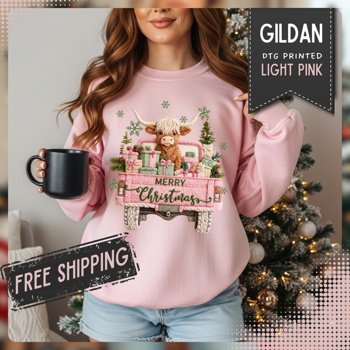 Highland Cow in Pink Truck Merry Christmas Holiday Farmhouse – Gildan Heavy Blend | Trendy Women’s Soft Sweatshirt. Direct to Garment. Printed & Shipped in the USA. Unisex Sizes.