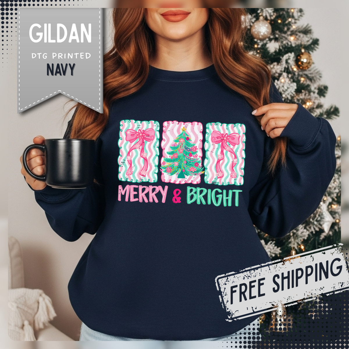 Merry & Bright Christmas - Pink & Green Holiday Tree Design – Gildan Heavy Blend | Trendy Women’s Soft Sweatshirt. Direct to Garment. Printed & Shipped in the USA. Unisex Sizes.